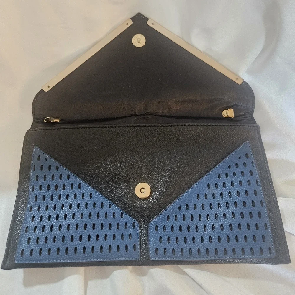 Blue Black Perforated FAUX leather Envelope Clutch